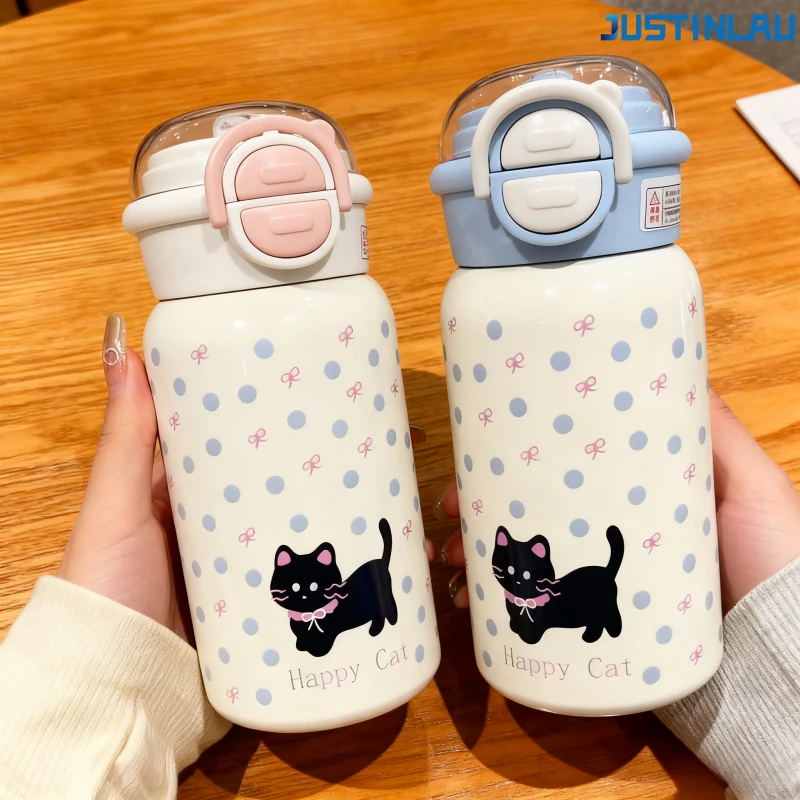 JUSTINLAU Kitten Dual-Trinkbecher, isolierter Becher aus Edelstahl, geeignet für Studenten, mit Strohhalmbecher im Prinzessinnen-Stil, Kaffeetasse