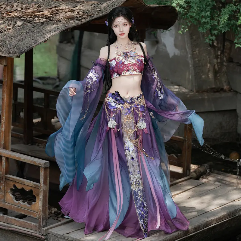 Women Ancient Chinese Style Cosplay Costume Embroidery Floral Tube Top Long Skirt Sheer Flare Sleeve Outerwear Set Oriental