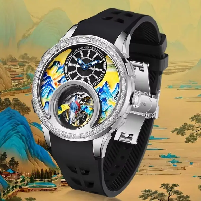 HANBORO Men Automatic Watch 43.6mm Mechanical Wristwatch Luminous Enamel Carved Painted Mountain Rotatable Bird Dial Miyota Mov