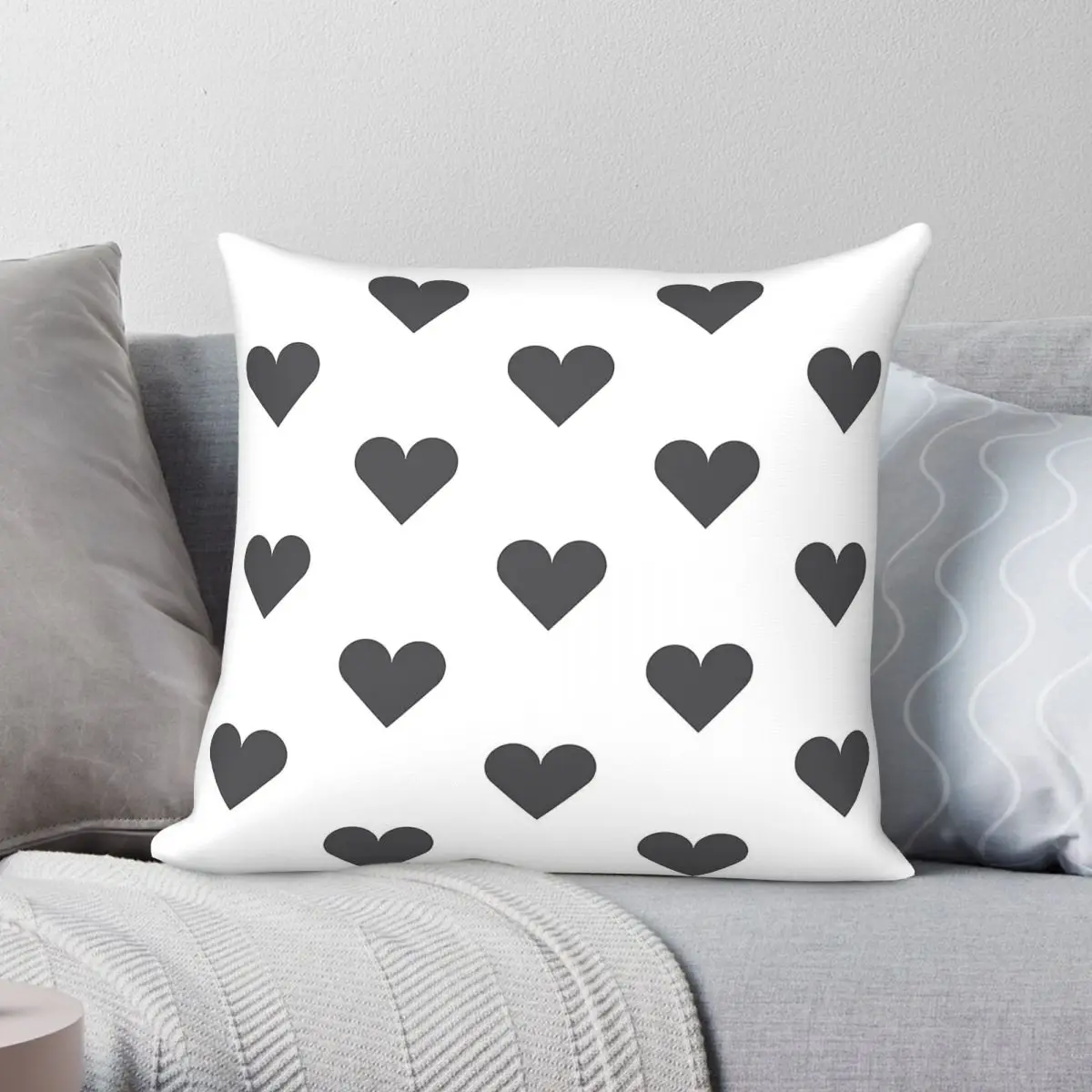 Charcoal Grey Love Hearts Pillowcase Polyester Linen Velvet Printed Zip Decor Sofa Cushion Cover