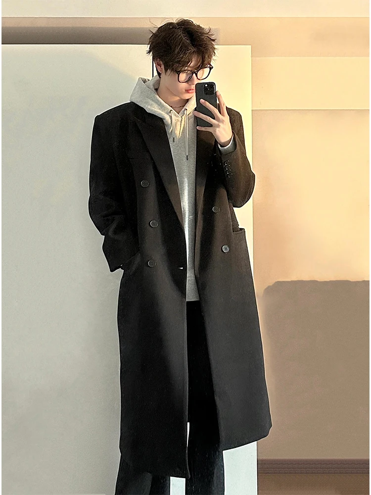 

Черное шерстяное пальто, мужское пальто средней длины, осень-зима, корейская ветровка Briti, твидовое пальто длиной до колена Cleanfit