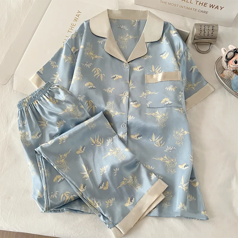 New Chinese-Style Ice Silk Pajamas for Women, Short-Sleeve and Long Pants, Stylish Ins-Style, Summer Thin High-End Loungewear