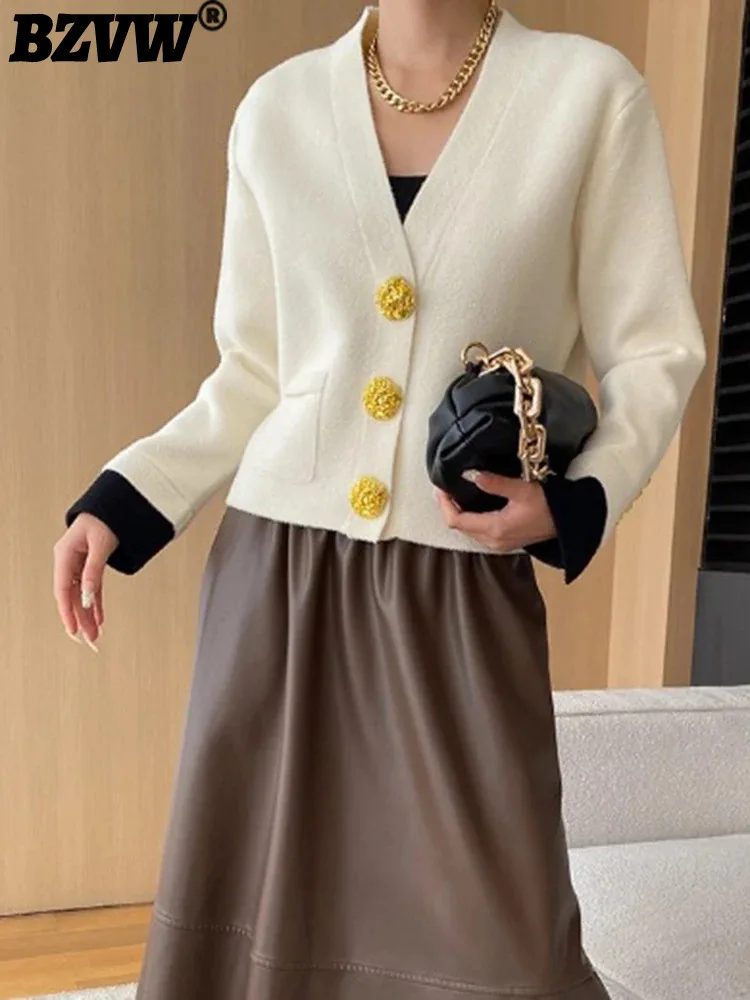 BZVW Fashion Knited Cardigan For Women V-neck Gold Button Solid Color Short Sweater Versatile 2024 Autumn New Clothing 25A8849