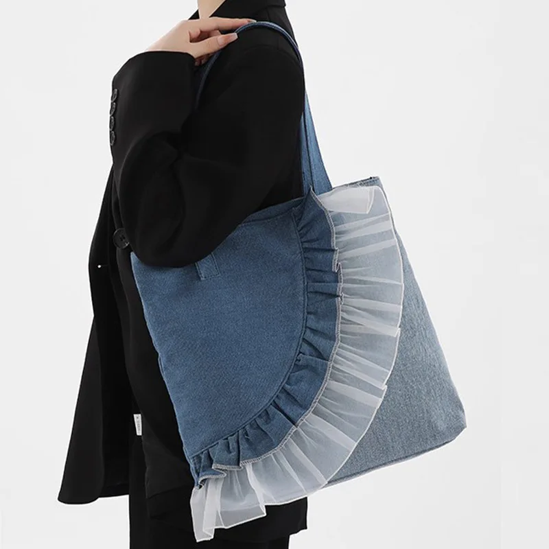 

Новая модная лоскутная джинсовая кружевная универсальная сумка на плечо большой вместимости, высококачественная двухслойная кружевная женская сумка ручной работы