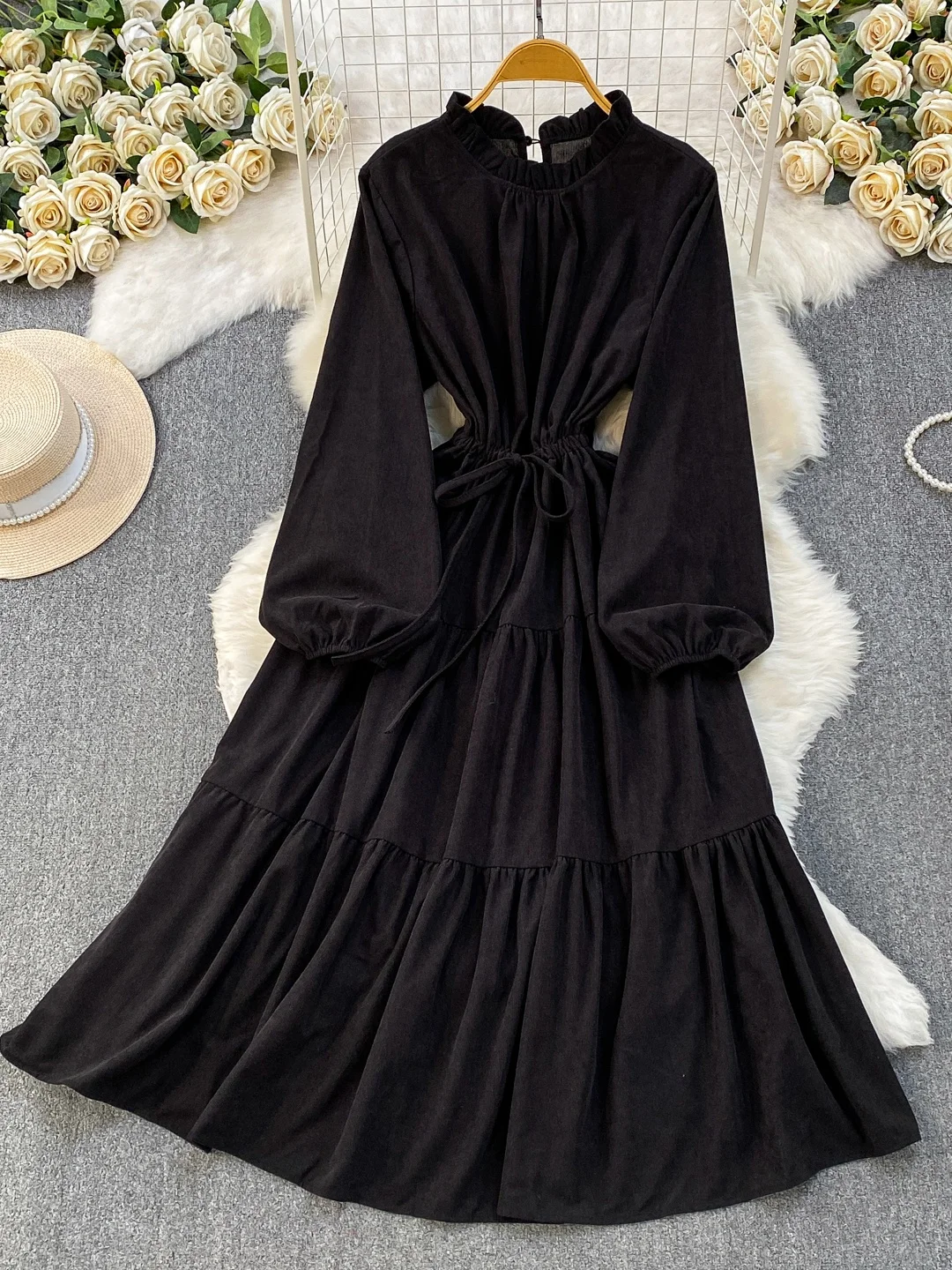 Retro Corduroy Long Sleeve round Neck Dress Women Spring Autumn Drawstring Waist Slimming Draping Lace Trim Long Dress