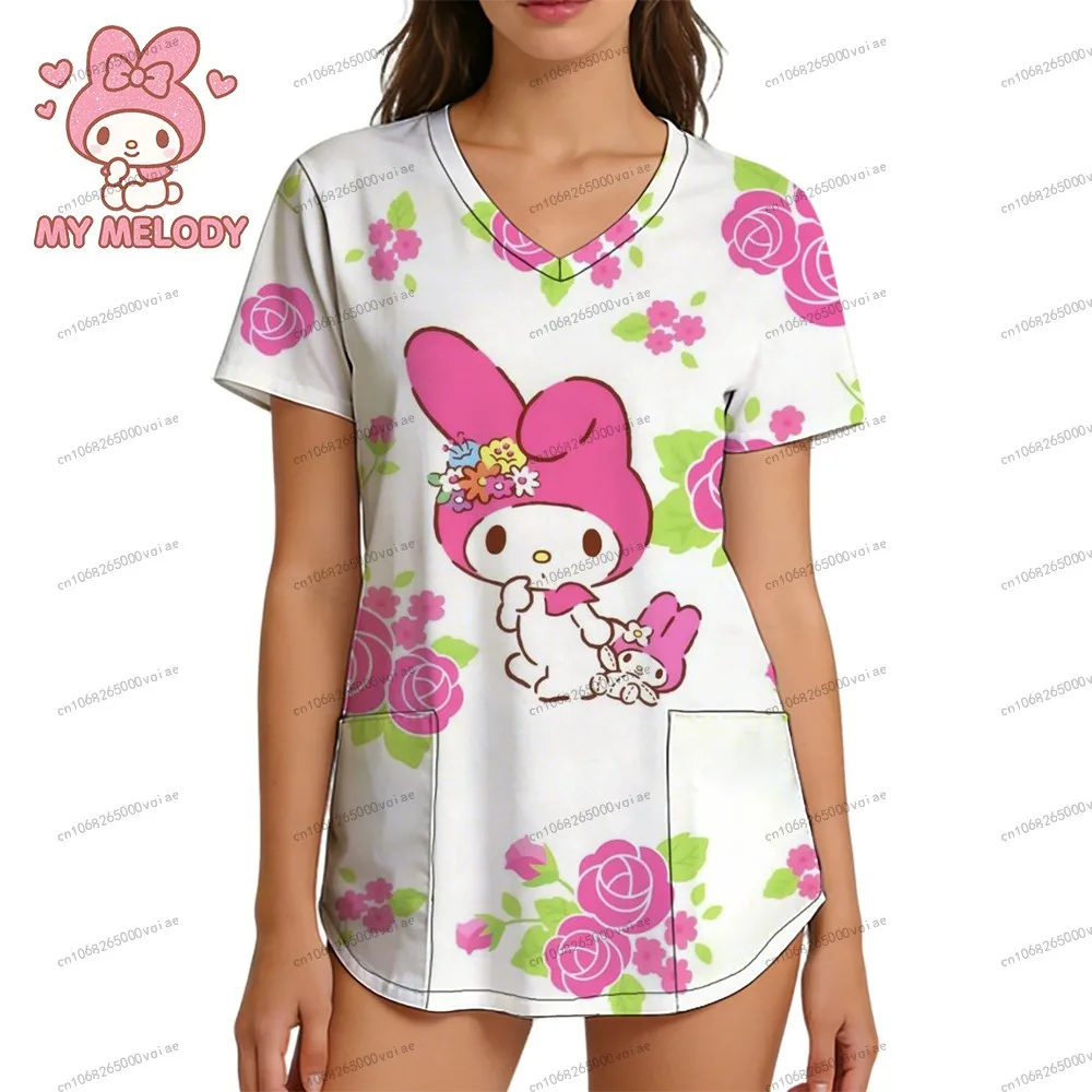 

V Neck T-shirt Streetwear Sanrio Leisure My Melody Nurse Uniform Women's T-shirt Shirts Pocket Summer Fashion Trend 3D Print Top