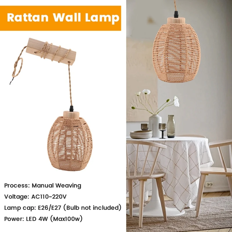 Retro Wall Light Woven Rattan Wood Sconces Living Room Bedside Lamp Vintage Bedroom Decoration Lighting-B