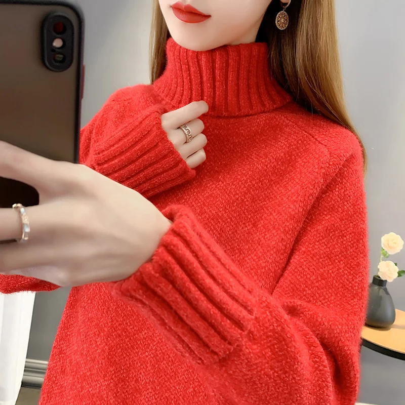 المرأة عالية الياقة Thiened المنك المخملية سترة فضفاضة Fce اصطف كسول Sle محبوك أعلى دافئ دافئ لون نقي تخفيف #5