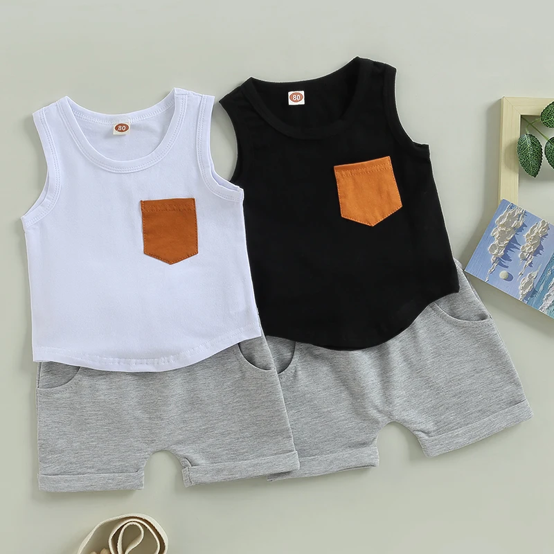 2023-02-23 Lioraitiin 0-3Years Kid Boys 2Pcs Casual Clothes Sleeveless Chest Pocket Vest Tops Drawstring Short Pants Outfit