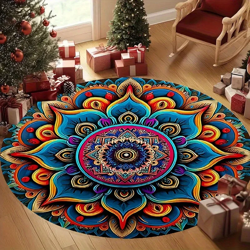 Colorful Mandala Round Rug Flannel Bohemian Spiritual Floor Meditative Pattern Decor Yoga Room Living Room Bedroom Soft Vibrant