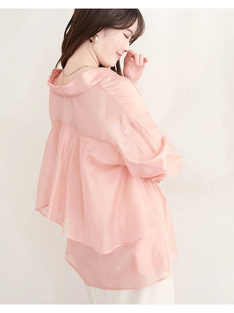 

Sweet Summer Design Lady Back Lace Long Sleeve Sun Protection Shirt Women's See-through Gauze Blouse Loose Fit Shirt Sleeve
