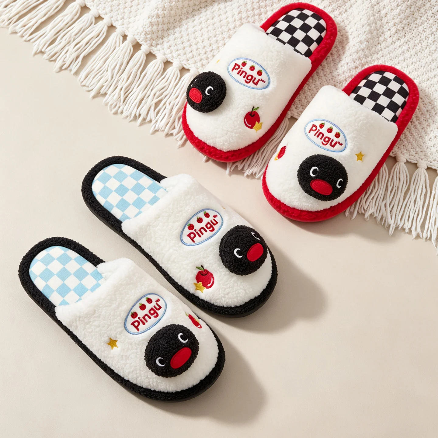 Licensed Pingu 3D Cartoon Plush Slippers Women Warm Fuzzy Slip‑On Indoor Winter House Shoes