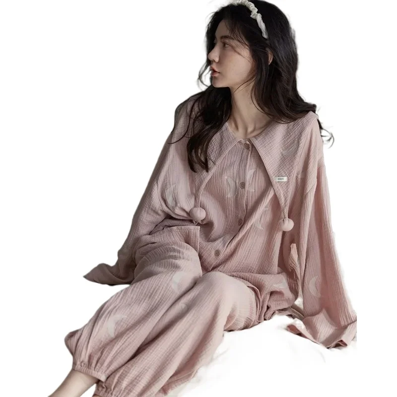 

New Pajamas Women's Spring Autumn Woven Cotton Loungewear Long Sleeve Skin-friendly Sleepwear Set Loose Large Size Homewear