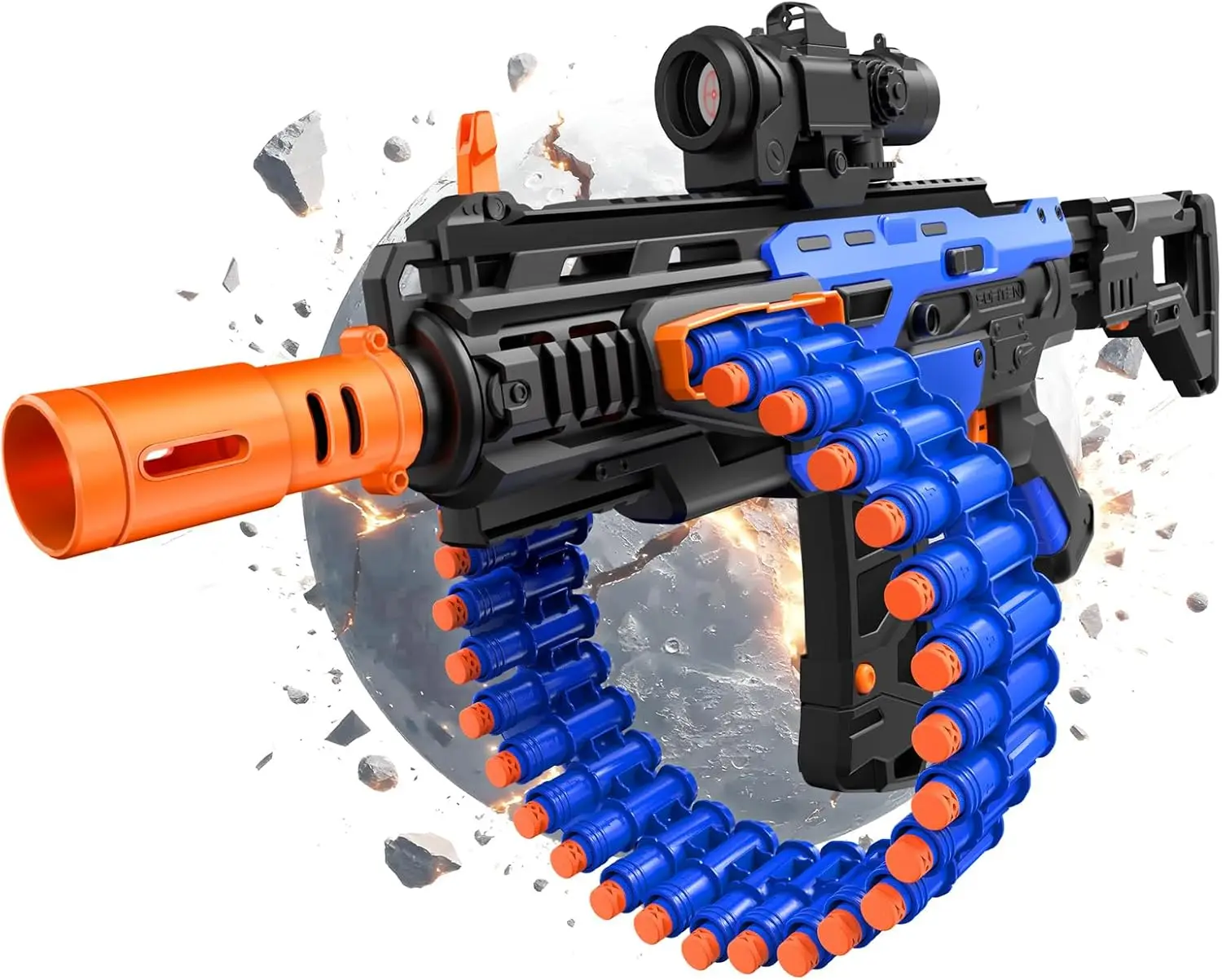 

Electric Automatic Toy Blaster with Scope, 30-Dart Rotating Drum, 100 Foam Darts for Outdoor Shooting Games