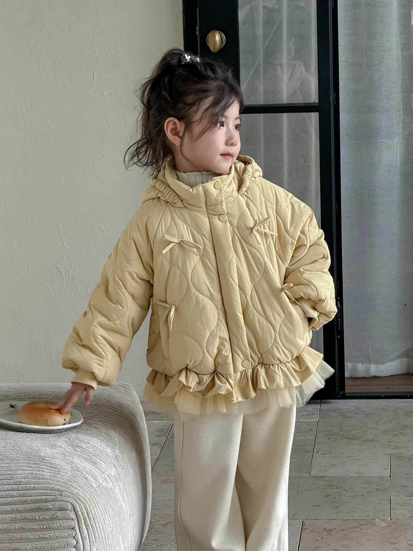 

Thiened Cotton Jaet for Girls with Lace Trim 2025 Autumn Winter Sle Korean Version Warm Cotton Coat with Hood Long Sve