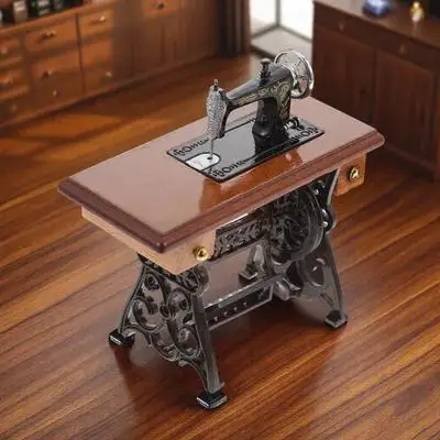 

Mini Sewing Machine Retro Wooden Alloy Dollhouse Accessory 1 12 Scale Home Decor Mini Furniture Photography Prop