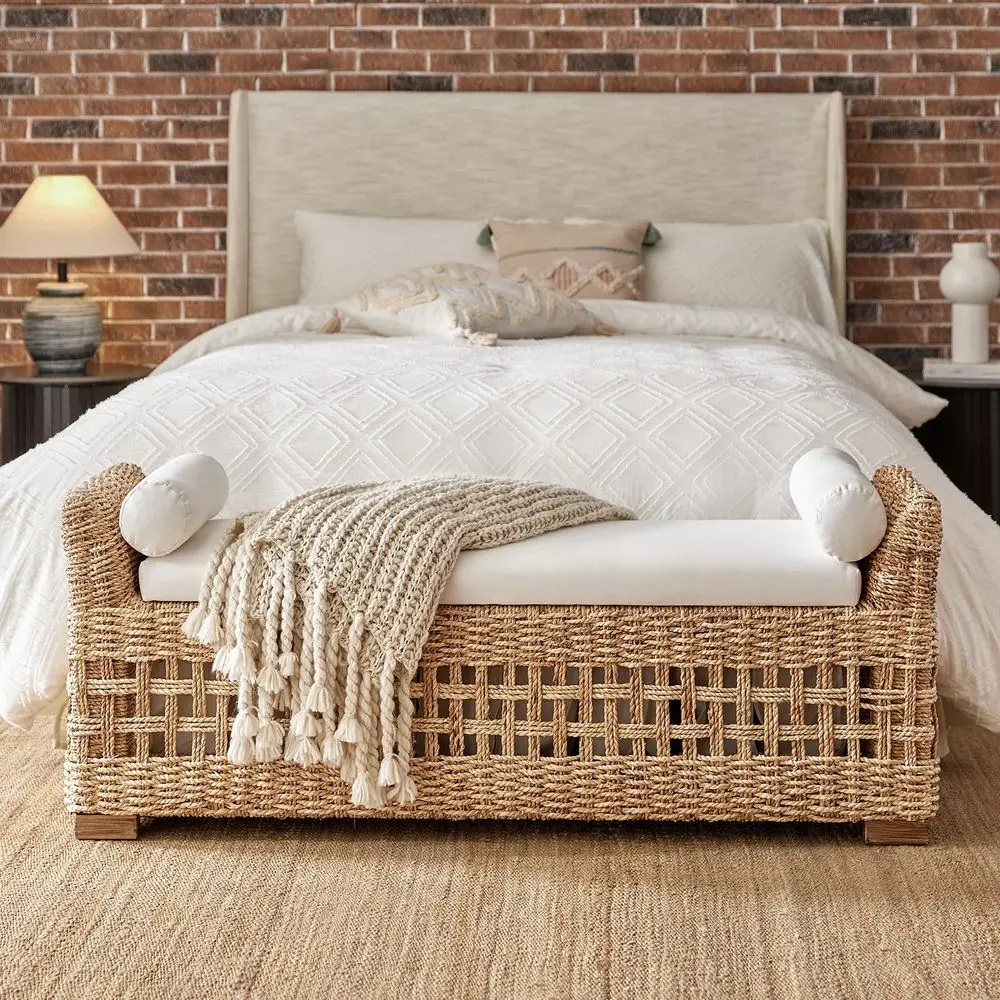 56 Rattan Storage Bench with Armrests and Round Pillows, Boho Wicker End of Bed Bench for Bedroom Entryway Living Room, Water H