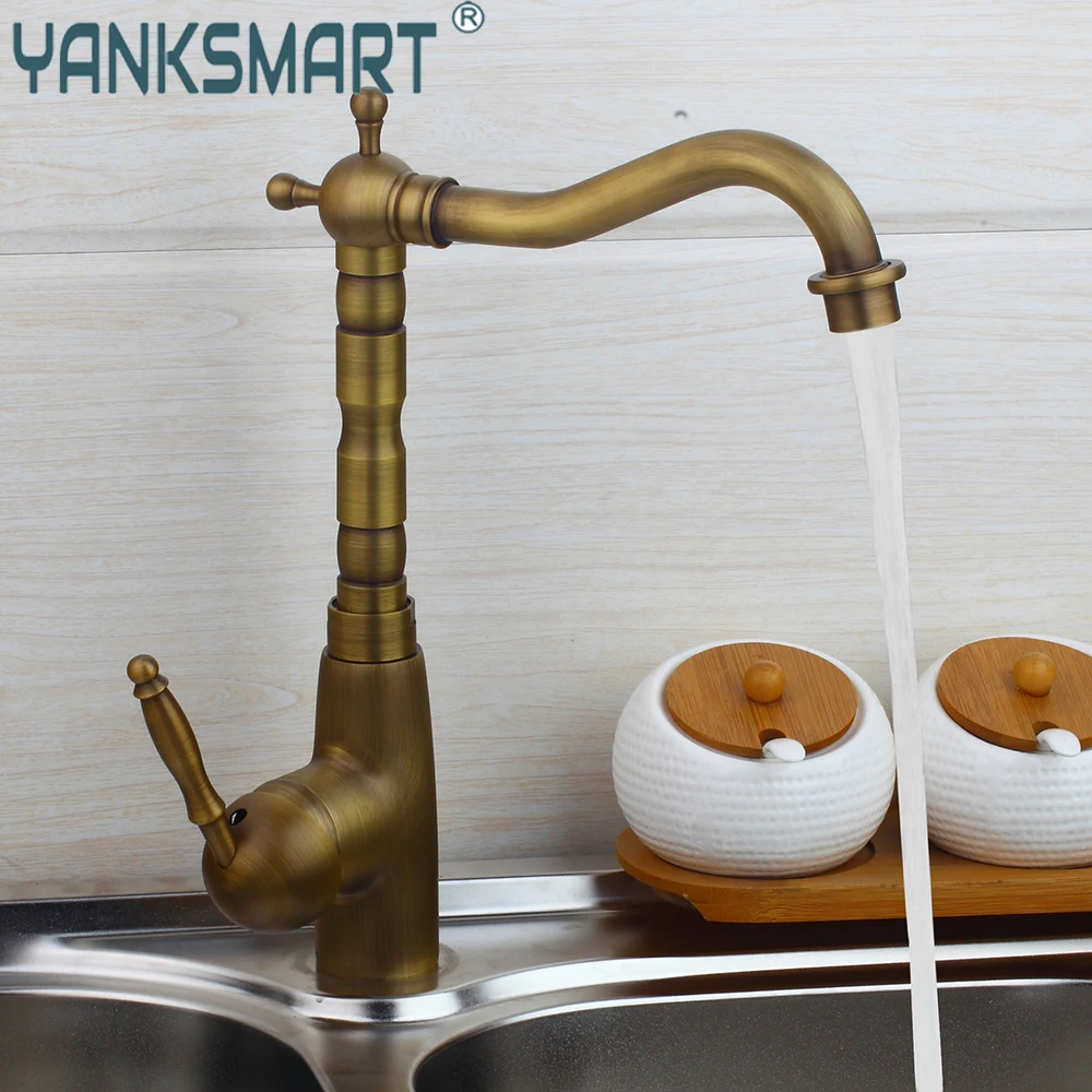 

YANKSMART Antique Brass Kitchen Faucet Swivel Basin Deck Mounted Hot and Cold Torneira Copper Single Handle Sink Mixer Water Tap