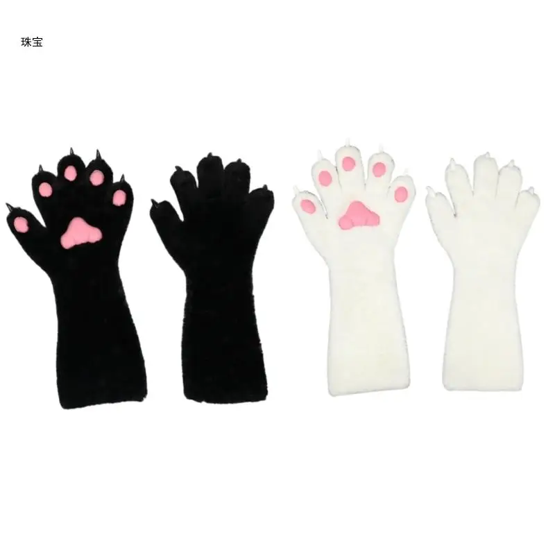 

X5QE Cosplay Costume Cats Paws Gloves for Women Girl Role Play Game Plush Claw Gloves