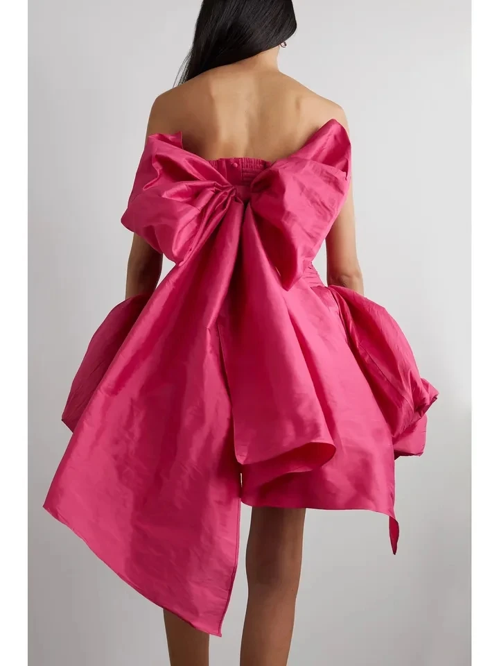 Rose Pink Strapless Mini Dress with Big Bow Pleated Taffeta Ruched Bubble Hem Short Prom Gown Women Party Dresses Cocktail Gowns