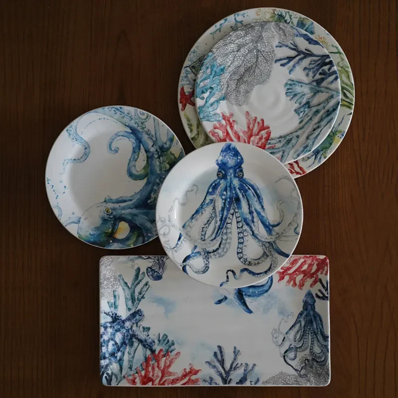 Marine animal underglaze color Western food plate, round coral octopus ceramic steak plate long plate
