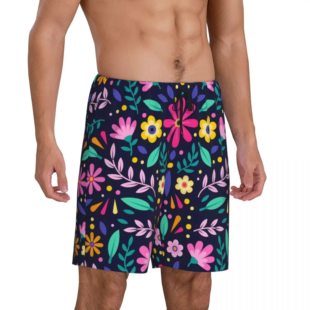 Custom Printed Mexican Flowers Otomi Art Pattern Pajama Shorts for Men Sleepwear Bottoms Sleep Short Pjs with Pockets