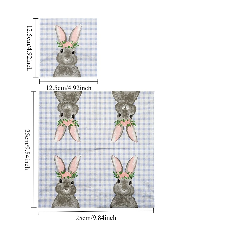 20pcs Pastel Bunny Floral Paper Napkins - 25x25cm 2-Ply Soft, Square Placemats with Grey Rabbit, Pink Flowers
