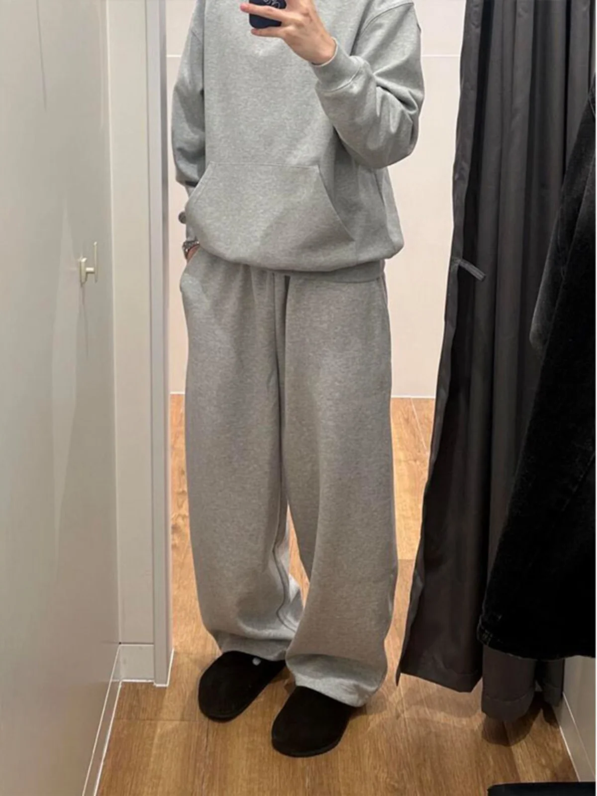 

Cleanfit Men's Fleece Lined Wide Leg Sweatpants High Street Casual Grey Pants Autumn Winter American Style Youth Fashion