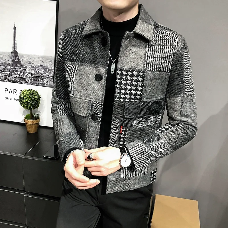 2024 Autumn Winter New Woolen Plaid Coat Jackes Men Business Casual Slim Fit Jackets Streetwear British Style Party Blazers