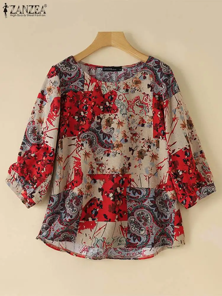 ZANZEA Women Casual Loose Cotton Tops Vintage Crew Neck Tunic Fashion Three Quarter Sleeve Shirts Floral Printed Smock Blouse