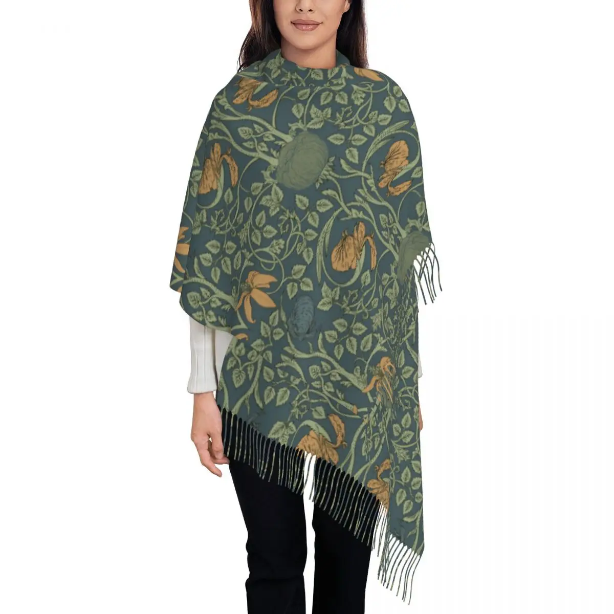 Womens Tassel Scarf William Morris Garden Tulip Long Super Soft Shawl Wrap Daily Wear Cashmere Scarf