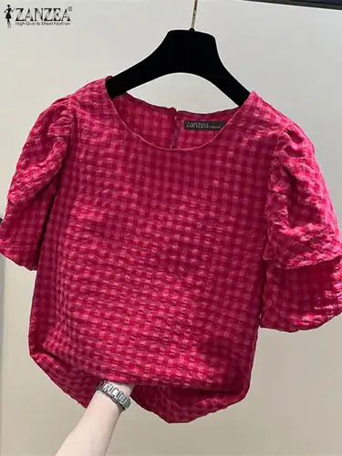 ZANZEA-Blusa de manga corta abombada para mujer, camisa a cuadros elegante con cuello redondo, blusa de trabajo a cuadros, Tops holgados para mujer, Túnica 2024