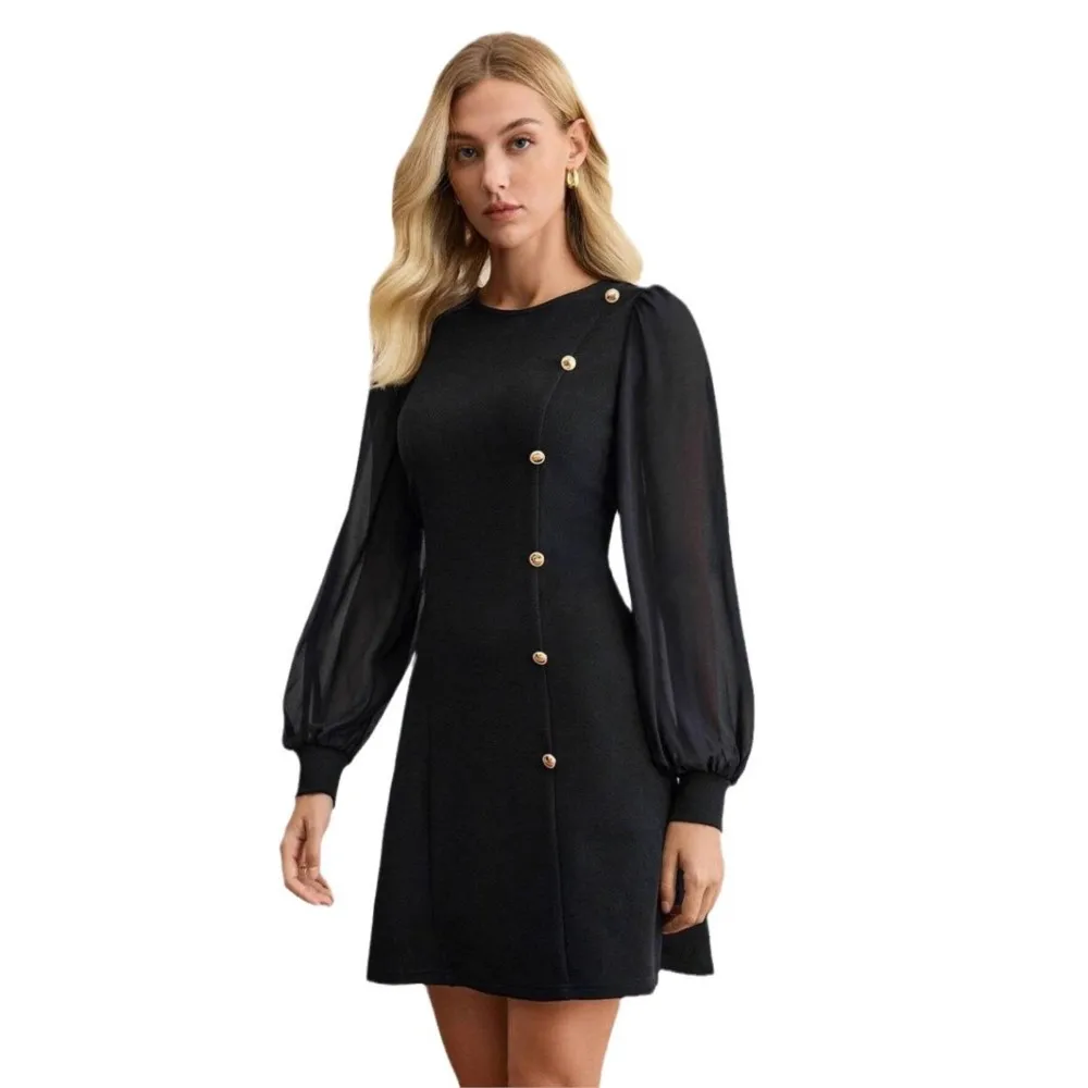 Fashion Chiffon Patchwork Long-sleeved Women's Dress With Casual O Neck Button Closure Fitted Elegant Female Short Dresses 2026