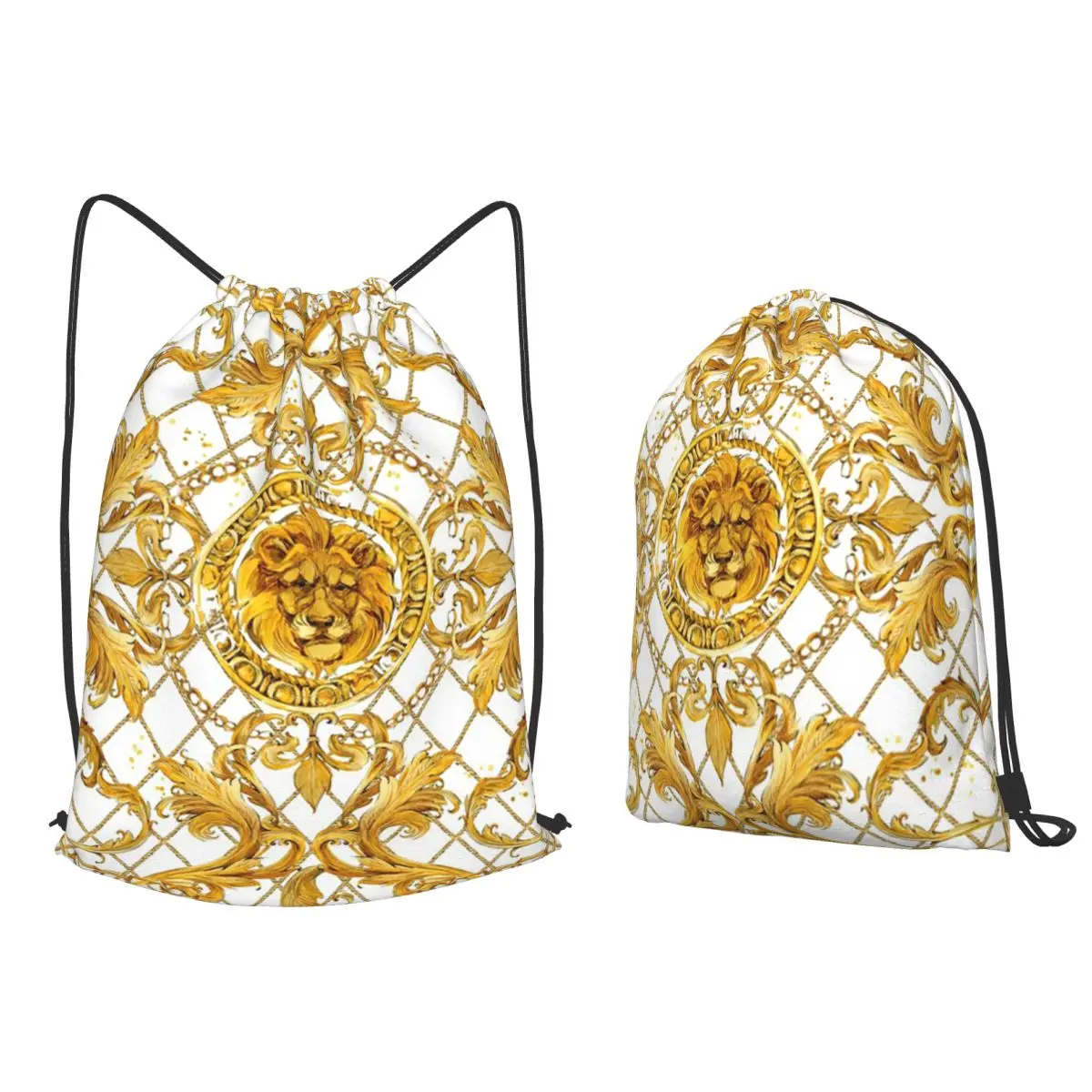Golden Lion Baroque And Damask Ornament Backpacks Casual Drawstring Bags Sports Bag Book Bags for Travel Students