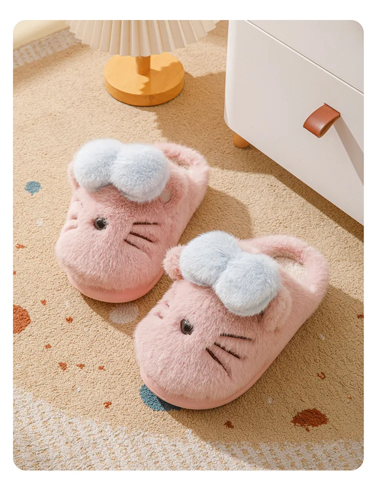 

New cute pink kitty slippers with bow women's lovely indoor mules shoes woman winter warm slides slipper home fuzzy flip flops
