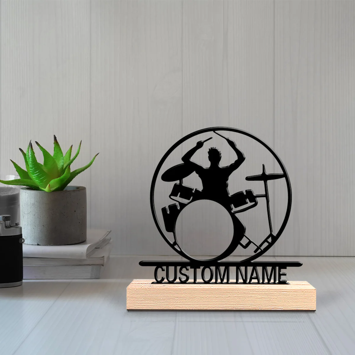 1pc Fashion Personalized Custom Drummers Set Up Drums Metal Statues Metal Art With Wooden Base Perfect For Musicians, Valentine