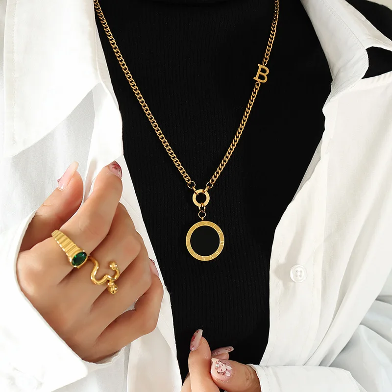 TOSOKO Stainless Steel Jewelry Roman Number Double Sided Pendant Autumn Winter Sweater Chain Women Fashion Letter Necklace M004