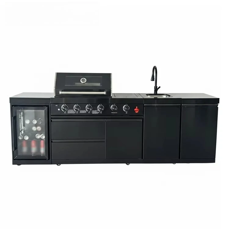 SS304 Outdoor BBQ Island, Custom High-Quality 4 Burner Grill with Beverage Cooling Fridge & Sink