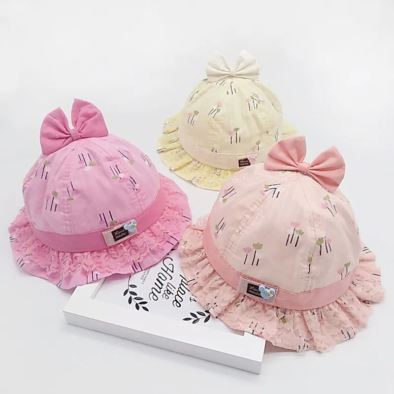 

Baby Summer Bucket Hat Lace Bow Floral Print Newborn Cap Cotton Toddler Sun Hats Infant Bucket Cap Accessories