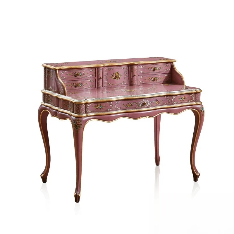 [Antique rose red] French court style romantic luxury rose pink desk painted imitation piano table
