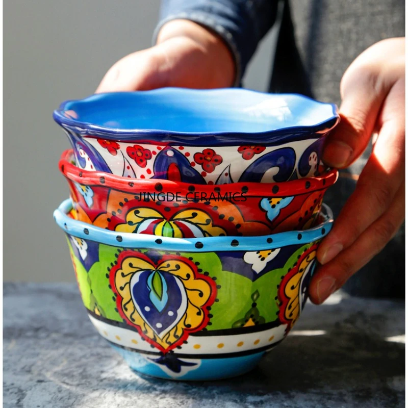 1pc Hand Drawn Ceramic Bowl Kitchen Tableware Ceramic Rice Bowl Household Tableware Ceramic Bowl Kitchen and Bar Supplies