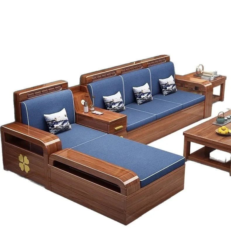 

New Chinese style, walnut sofa, pure solid wood, winter and summer dual use, storage, living room, large and small apartment