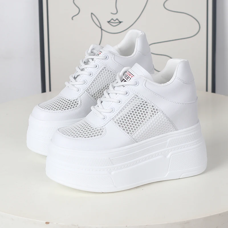 Spring Women's 12CM Elevator Platform Sneakers - Breathable Mesh Casual Shoes Fashion Chunky Sole White Shoes for Petite Ladies