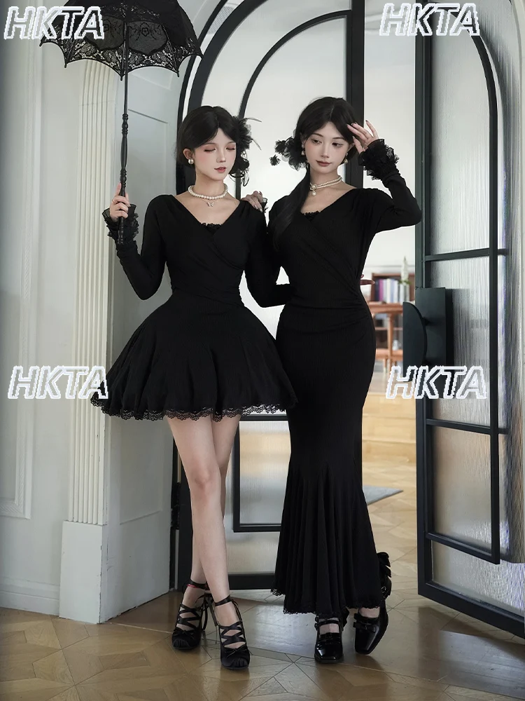 Süße Low V-ausschnitt Stretch Dünne Gestrickte Kleid Frauen Herbst Elegante Spitze Nähte Bogen Sexy Schwarz Lange Kleider Höhlte Innen Sets