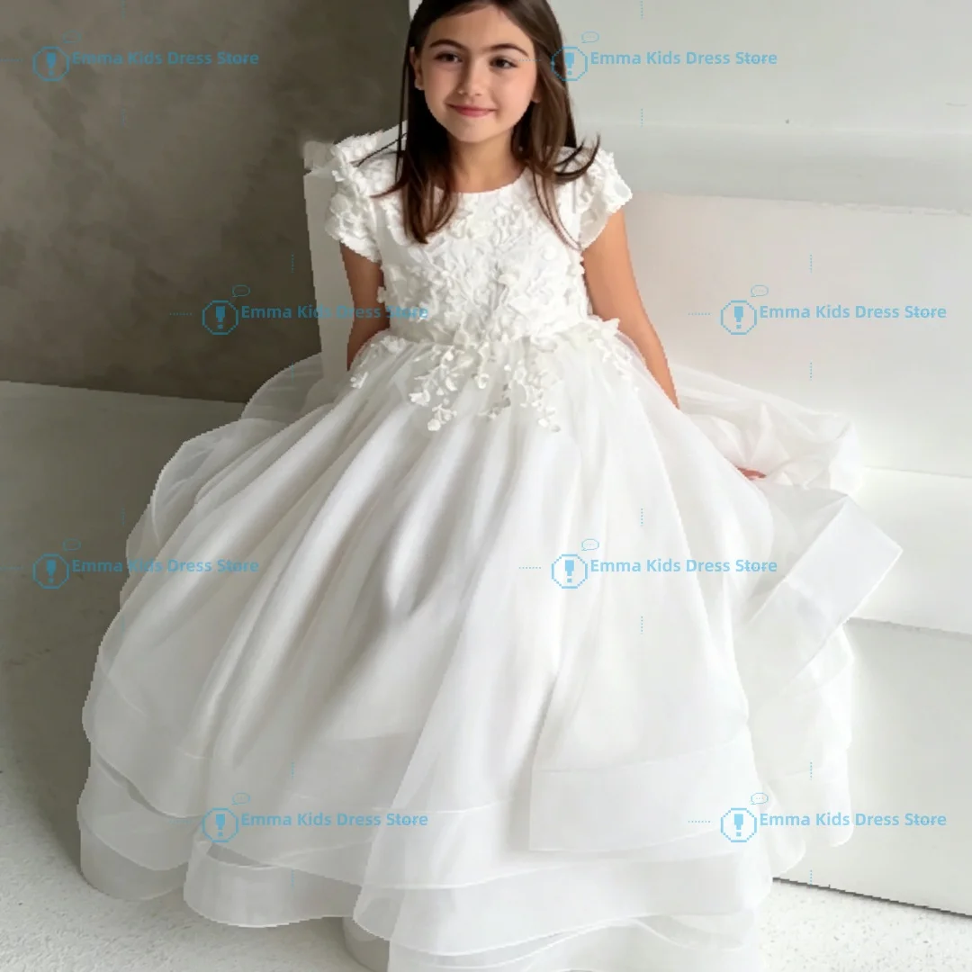 Custom Girls' White 3D Floral Lace Multi-layer Tulle Dress, Short-sleeve Prom Dress, and Birthday Party Wedding Children's Forma