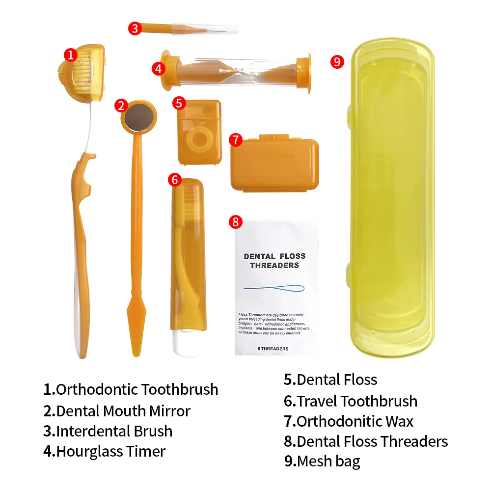 8pcs/Box Orthodontic Oral Care Kit  Clean Braces Portable Travel Toothbrush Mirror Interdental Brush Supplies Floss Thread Tool