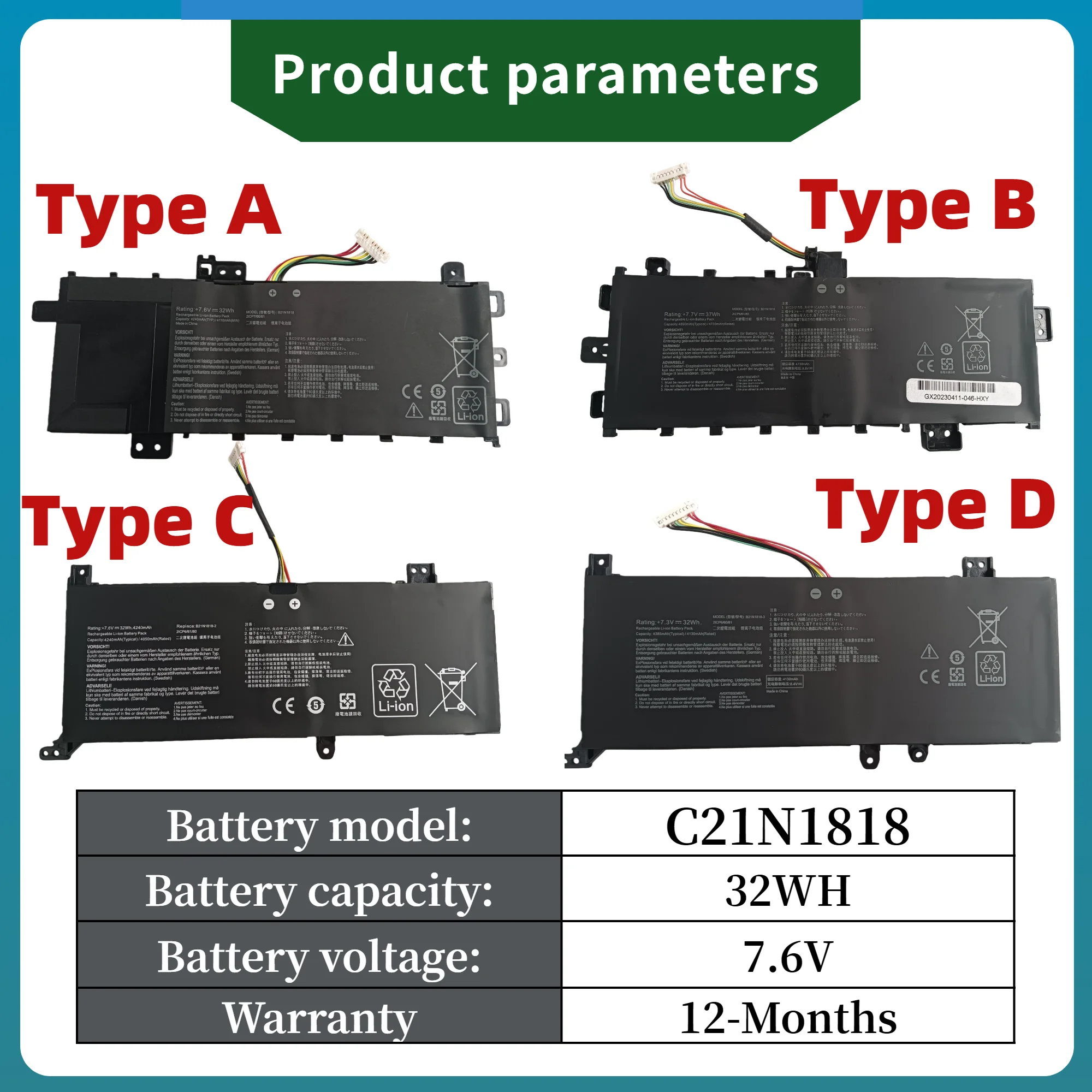 

Factory Direct! C21N1818 Laptop Battery For ASUS VivoBook 15 S512DK S512FA X712 S412 F412 R424D 14 X509 X409 BatteryF