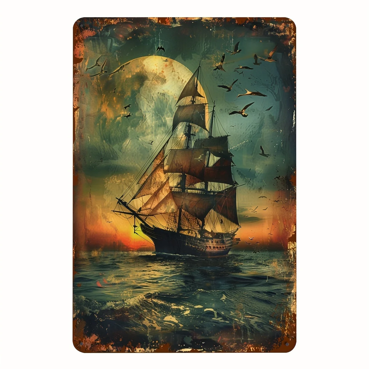 Vintage-Metallblechschild im nautischen Stil – 20,32 x 30,48 cm, Design mit ruhigem Meer und aufsteigenden Meerestieren, perfekt für Zuhause, Bar, Café oder Garage