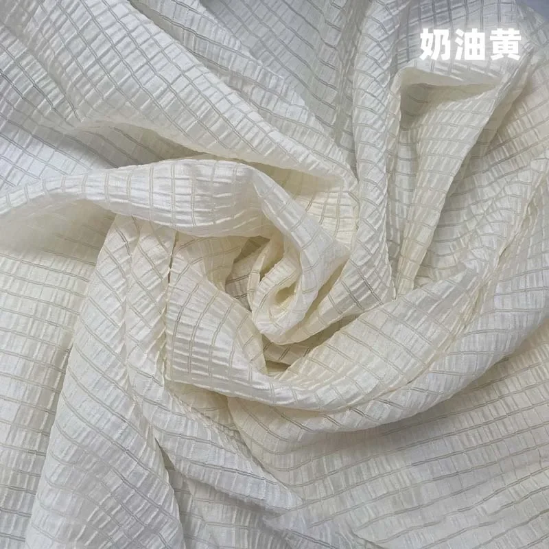 Cream Yellow Checkered Fabric Soft Breathable Textile For Summer Outfit Sewing DIY Clothing Craft Upholstery Home Decor Material