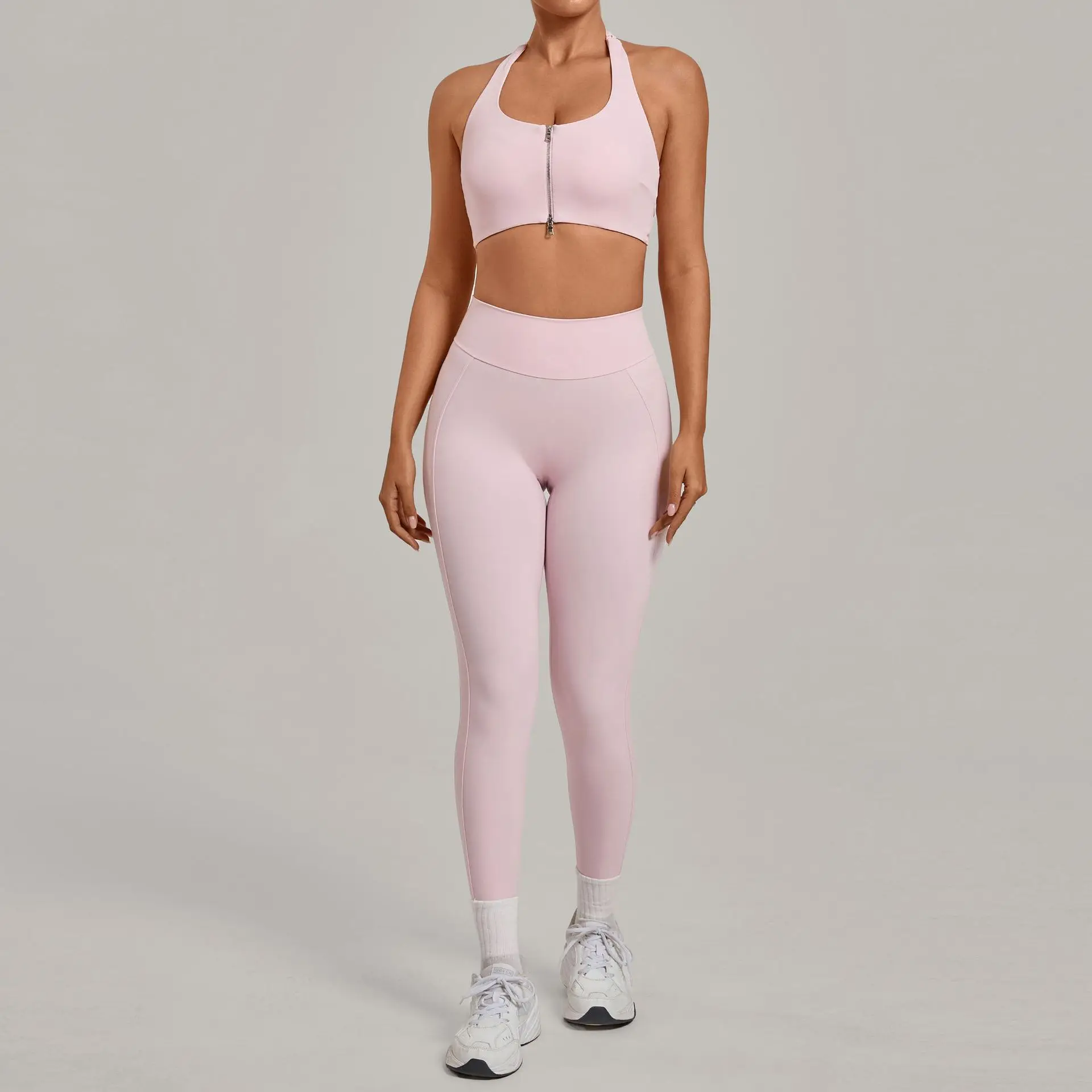 Naked Feel Yoga Outfits Women 2 Piece Halter Zip Sports Bra High Elastic Scrunch Butt Leggings Gym Training Jogging Tracksuit
